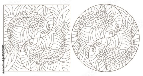Set contour illustrations of stained glass with gold fish , black contour on white background