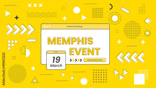 Memphis event banner design with assorted yellow and black modern geometric elements. Memphis template design, banner design, background memphis event poster design with many memphis assets style eps