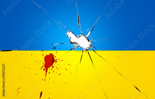 Broken glass, bullet hole, blood stain and yellow and blue Ukraine flag colours. 