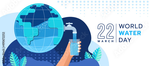 world water day - hand holding a glass to receive water from the faucet on globe earth vector design
