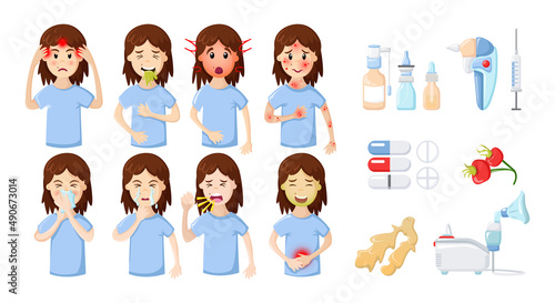 Character woman infographics with allergy symptoms and medications for treatment