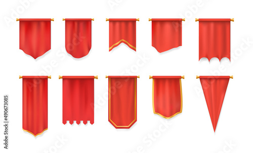 Realistic red pennant textile flag, heraldic template. Wall pennat mockup.