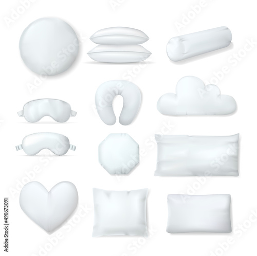 Realistic white cushion pillows, mask. White orthopedic pillows different shapes.