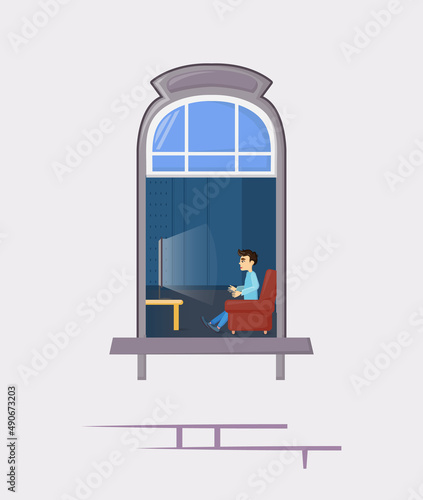 Neighbors in windows of old house. House building facade with open windows and with people.