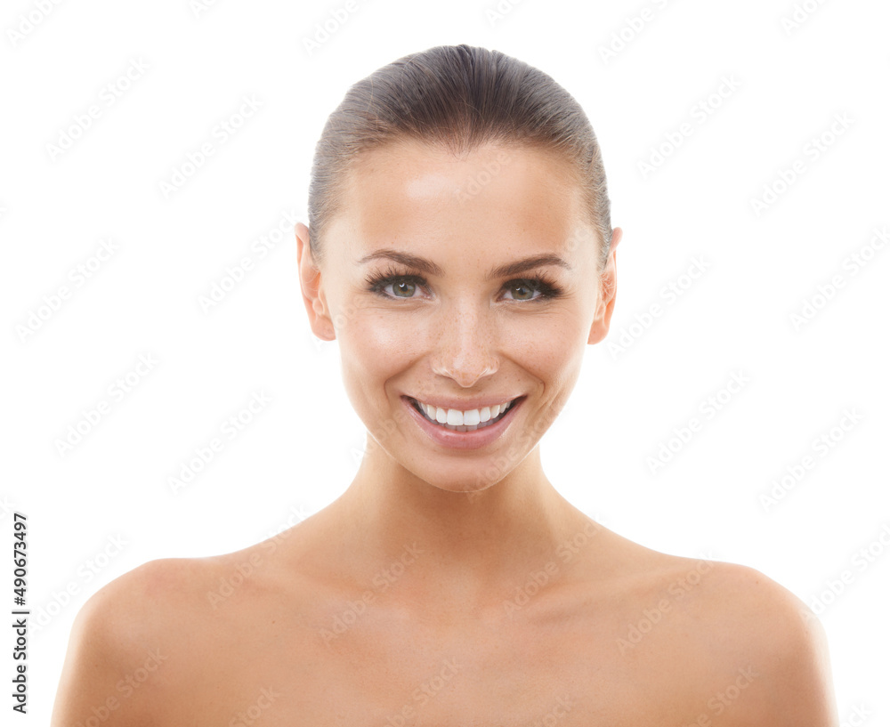 Pampered and happy. Beautiful young woman smiling while isolated against a white background. Pampered and happy. Beautiful young woman smiling while isolated against a white background.