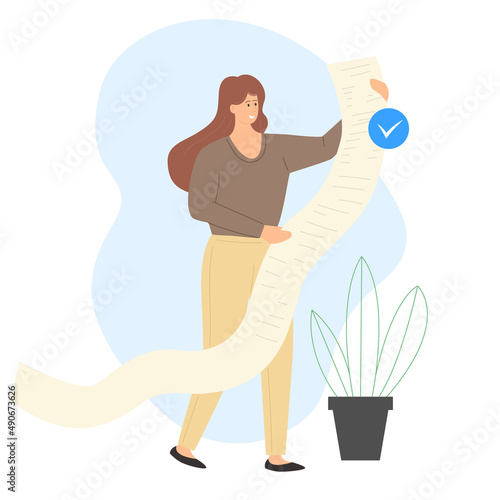 Woman holding long read, tax document, long bill, task, check, receipt