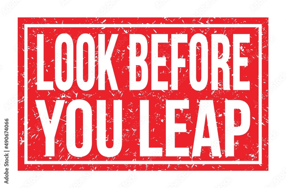 LOOK BEFORE YOU LEAP, words on red rectangle stamp sign LOOK BEFORE YOU LEAP, words on red rectangle stamp sign