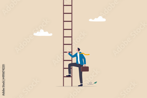 Challenge to climb up success ladder, unknown journey ahead, step to new career opportunity, determination to achieve goal concept, confidence businessman look up to begin climbing ladder of success. photo