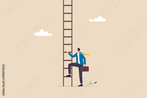 Challenge to climb up success ladder, unknown journey ahead, step to new career opportunity, determination to achieve goal concept, confidence businessman look up to begin climbing ladder of success.