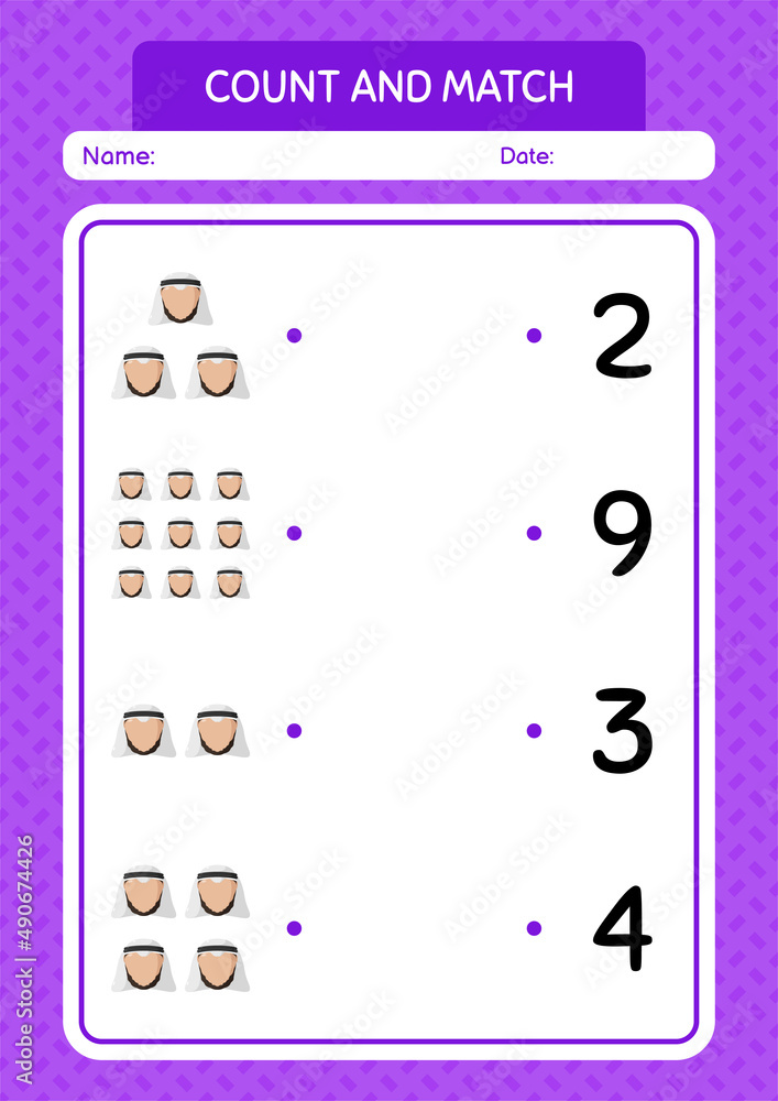 Count and match game with arabian. worksheet for preschool kids, kids activity sheet Count and match game with arabian. worksheet for preschool kids, kids activity sheet
