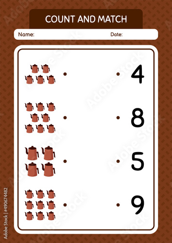 Count and match game with arabic teapot. worksheet for preschool kids, kids activity sheet