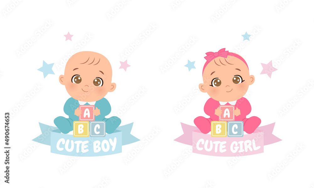 Cute baby boy and girl announcement template. Flat vector cartoon design Cute baby boy and girl announcement template. Flat vector cartoon design