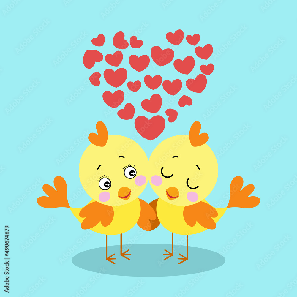 Two funny birds in love on blue background