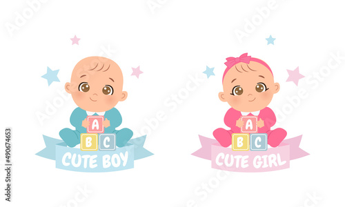 Cute baby boy and girl announcement template. Flat vector cartoon design