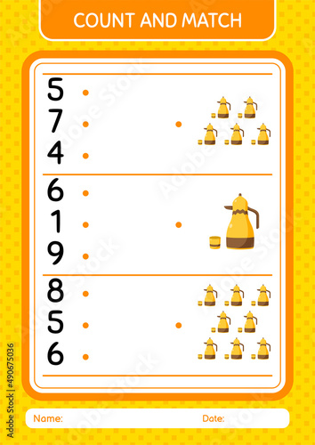 Count and match game with arabic teapot. worksheet for preschool kids, kids activity sheet