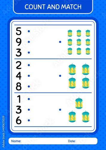 Count and match game with arabic lantern. worksheet for preschool kids, kids activity sheet
