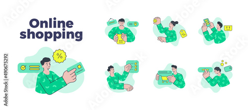 Modern people enjoy online shopping paying credit card financial banking mobile application set vector flat illustration. Man and woman customer choosing goods parcel delivery sale discount isolated
