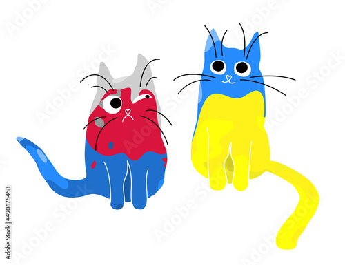 Multicolored couple of vector cats isolated on white background. The concept of enmity between ukraine and russia. Yellow-blue and red-blue pets with different emotions.