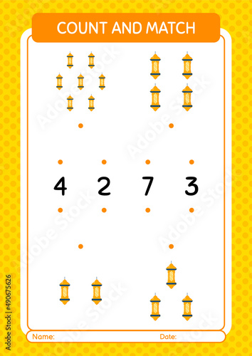 Count and match game with arabic lantern. worksheet for preschool kids, kids activity sheet