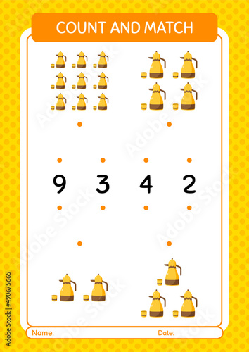 Count and match game with arabic teapot. worksheet for preschool kids, kids activity sheet