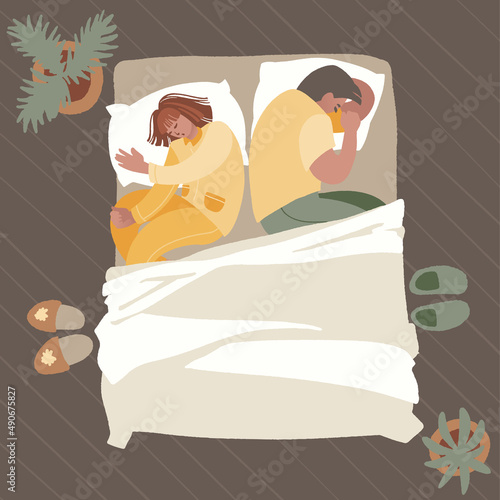Man and woman sleeping. Young couple nap on linens, pillows and blanket.
