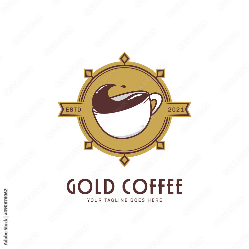 Naklejka premium Gold premium retro vintage hot coffee cafe logo icon badge