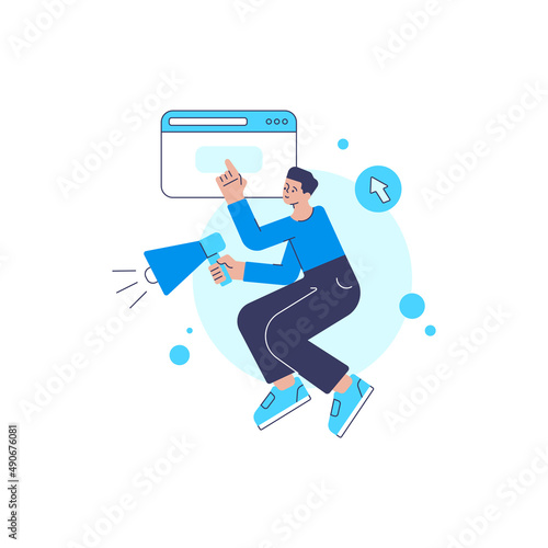 Male marketologist announce product promo digital online campaign with megaphone vector flat illustration. Man manager promotion advertising internet marketing strategy sale discount optimization