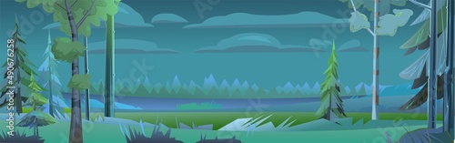 Night landscape with trees and fir trees. Coniferous forest at dusk. Dark scene. Horizontal Illustration in cartoon style flat design. Vector