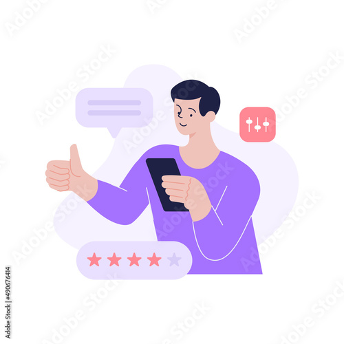 Minimalist man making quality review evaluation service or product at online application use smartphone vector flat illustration. Male customer typing internet feedback experience opinion satisfaction
