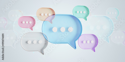 Minimalist blue red orange green purple speech bubbles talk icons floating over grey background. Modern conversation or social media messages with shadow. 3D rendering