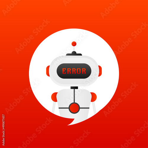 Error chatbot glyph icon. Silhouette symbol. Talkbot with error in speech bubble. Error bot. Artificial intelligence