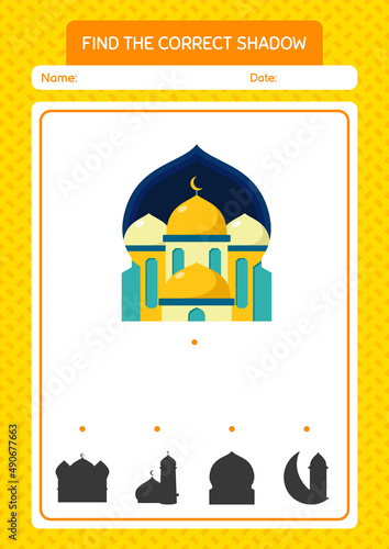 Find the correct shadows game with mosque. worksheet for preschool kids, kids activity sheet