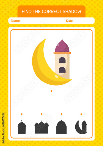 Find the correct shadows game with mosque. worksheet for preschool kids, kids activity sheet