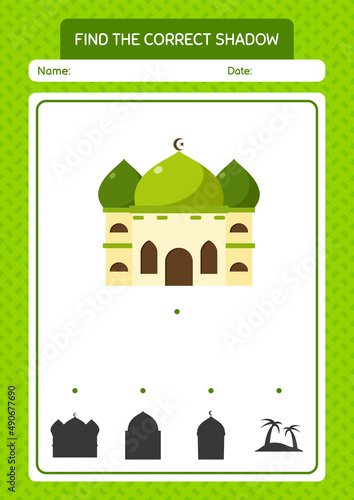 Find the correct shadows game with mosque. worksheet for preschool kids, kids activity sheet