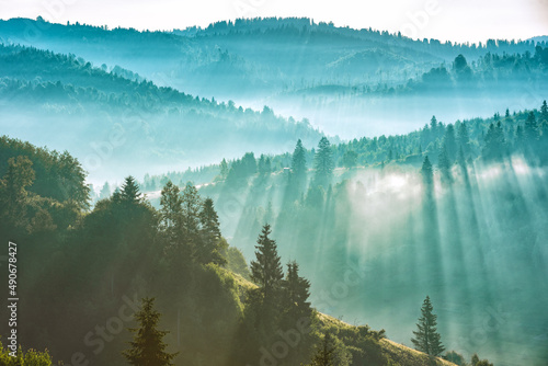 Majestic view of alpine valley covered with blue fog