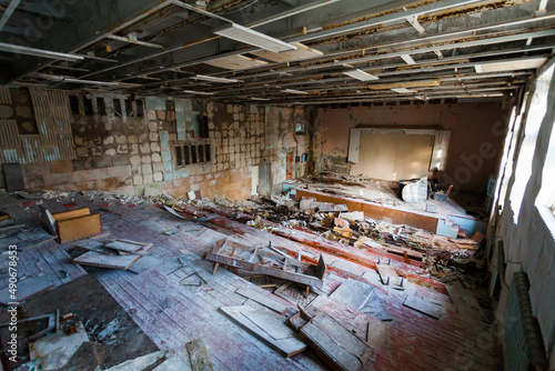 Destroyed interior of a cinema hall in the Prometheus cinema in Ukraine