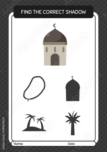Find the correct shadows game with mosque. worksheet for preschool kids, kids activity sheet