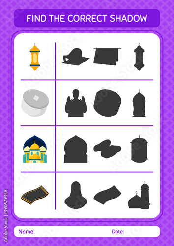 Find the correct shadows game with ramadan icon. worksheet for preschool kids, kids activity sheet