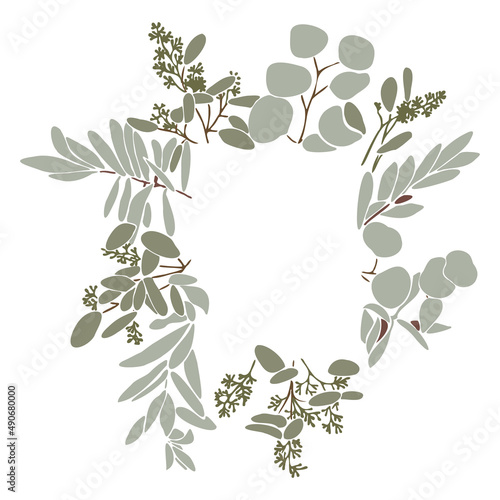 Tender vector flat illustration with a bouquet of flowers. Spring frame with eucalyptus. Frame for International Women's Day, Wedding and Mother's Day. Flower arrangement for decoration.