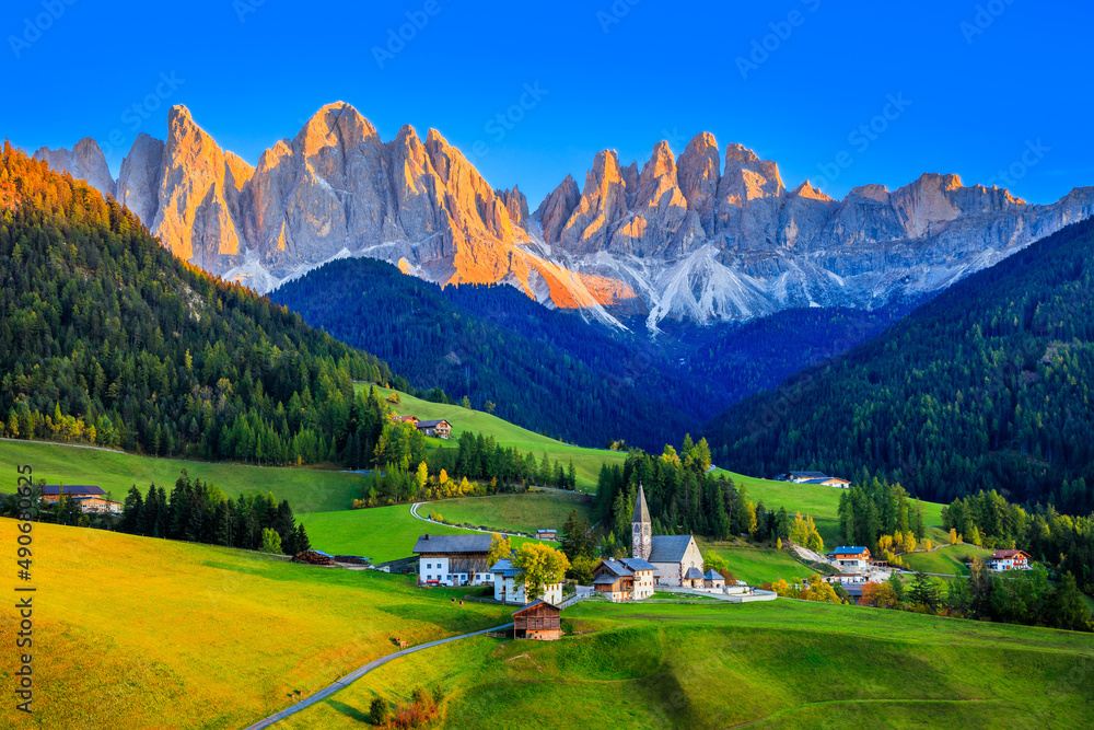Val di Funes, Dolomites, Italy. Santa Maddalena village in front of the Odle(Geisler) mountain group at sunset.