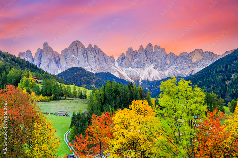 Val di Funes, Dolomites, Italy. Santa Maddalena village in front of the Odle(Geisler) mountain group at sunrise.