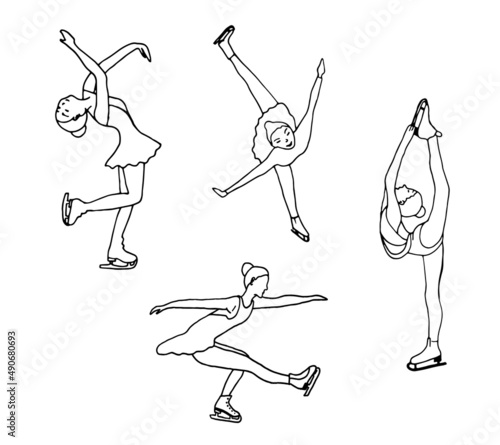 Set of silhouettes of girls engaged in figure skating on ice. Vector illustration in the style of doodles.