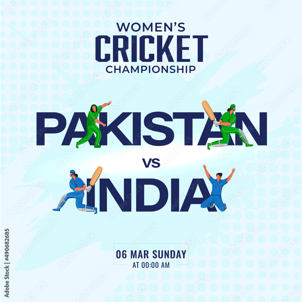 Women's Cricket Match Between Pakistan VS India With Cricketer Players On Light Cyan Dotted Background. Women's Cricket Match Between Pakistan VS India With Cricketer Players On Light Cyan Dotted Background.