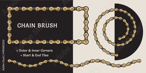 Bike chain pattern brush with corners, end and start tiles. Gold color. For vintage design of logo, emblem, symbol, sign, badge, label, stamp. Isolated on white and black background