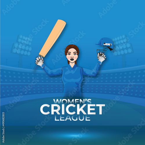 Women's Cricket League Poster Design With Female Batter Player In Winning Pose On Blue Stadium Background.