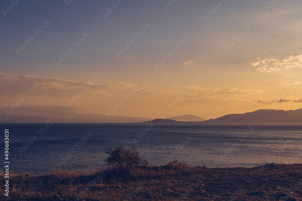 Beautiful autumn sunset view of Sevan lake, Sevan, Armenia