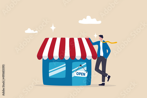 Business owner and entrepreneur start small business or retail shop, open store front or online shop concept, confidence businessman entrepreneur standing with his new opening company or store front.