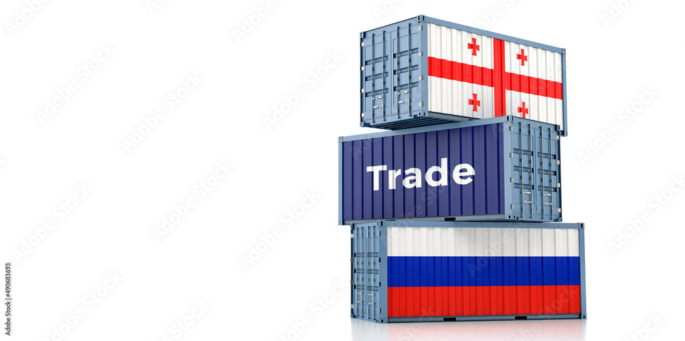Cargo containers with Russia and Georgia national flags. 3D Rendering 