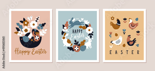 Modern Easter Cards collection. Vector  illustration of three abstract Easter cards in contemporary flat style and boho colours with Easter eggs, bunnies, chickens and flowers.