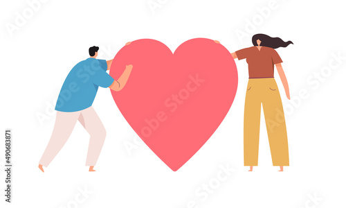 A couple in love holds a huge heart. Vector illustration.